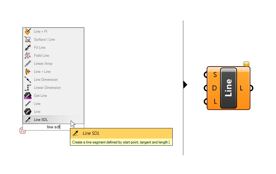 Type 'Line SDL' to add a component that creates a line with a starting point, a direction and the length.