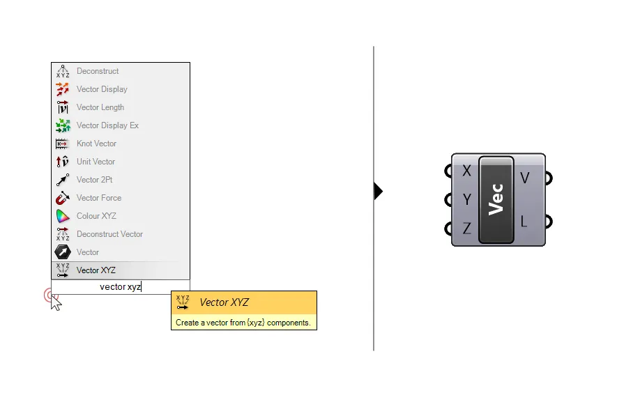 Type 'Vector XYZ' to add the component.