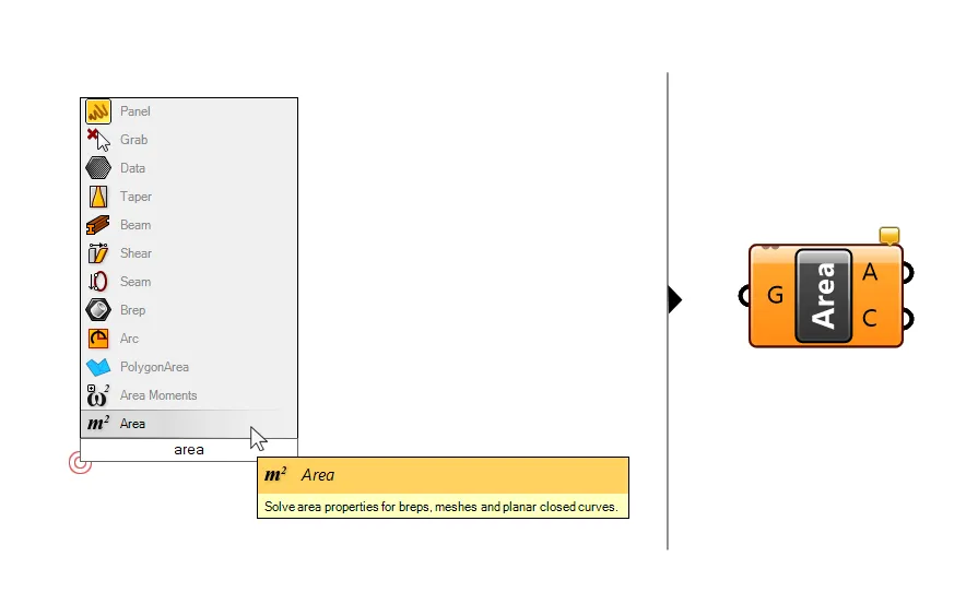 Type 'Area' into the component search bar to add the component.