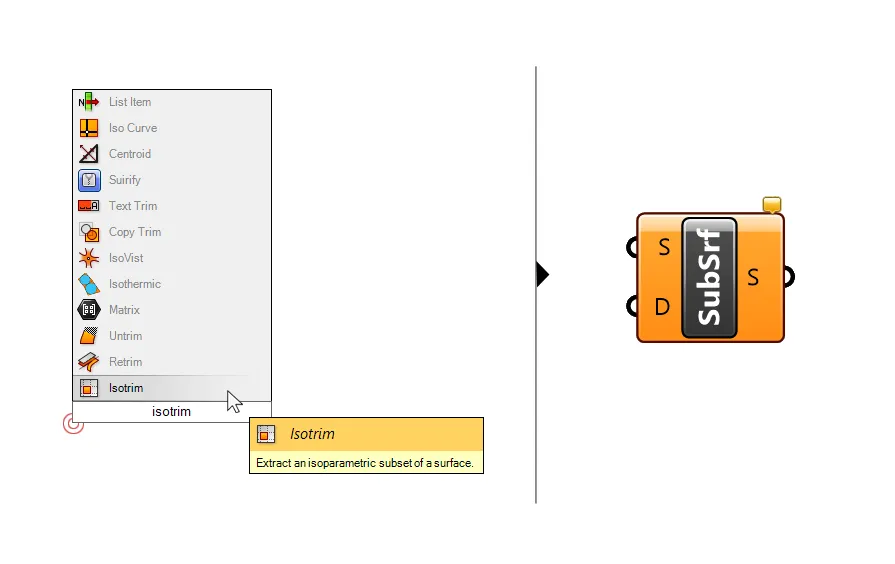 Add the Isotrim component by double-clicking on the canvas and typing 'Isotrim'.