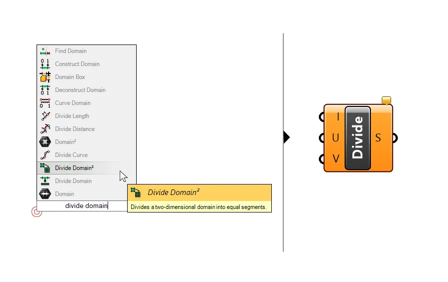 Add the Divide Domain² component by double-clicking on the canvas and typing 'Divide Domain²'.