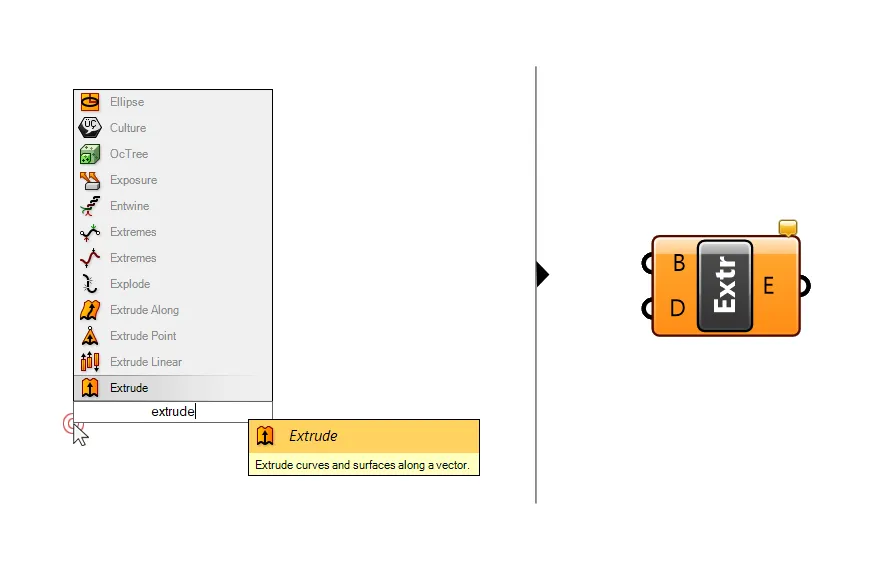 Add an Extrude component to the canvas by typing 'Extrude'