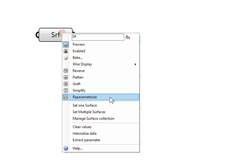 Reparametrize a surface by right-clicking on the surface component and selecting 'Reparametrize'.