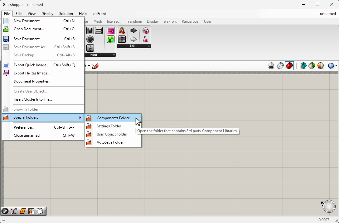 opening the components folder in grasshopper