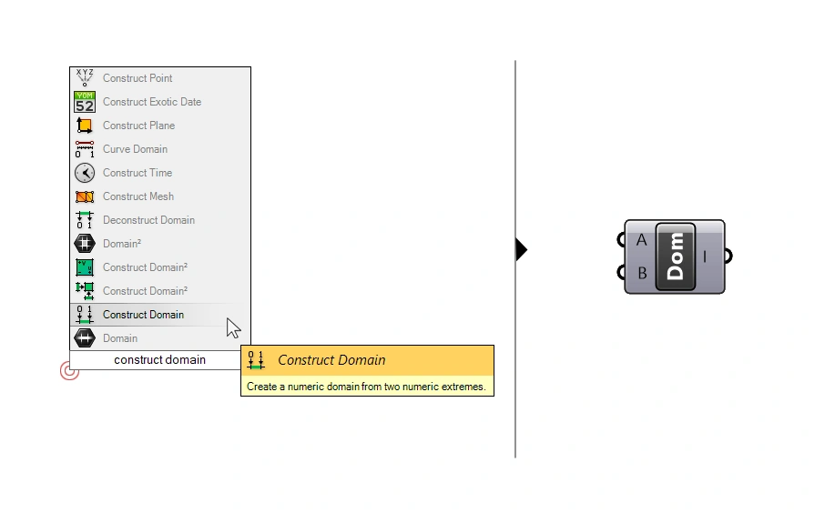 Adding the Construct Domain component in Grasshopper