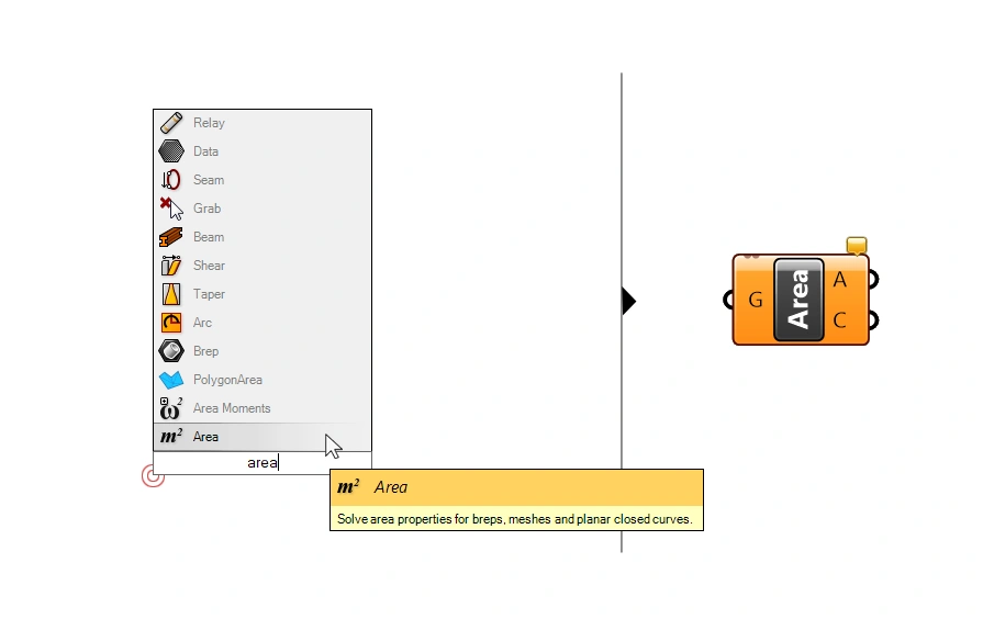 Adding the Area component in Grasshopper