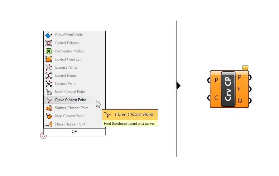 Adding the Curve Closest Point component in Grasshopper