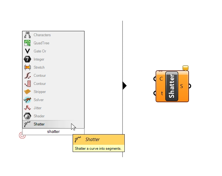 Adding the Shatter component in Grasshopper.