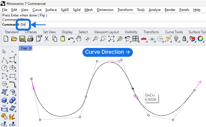 VIsualizing and Changing the Direction of a curve in Rhino