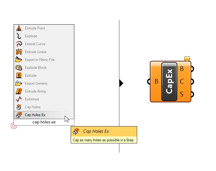 Adding the Cap Holes Ex component in Grasshopper