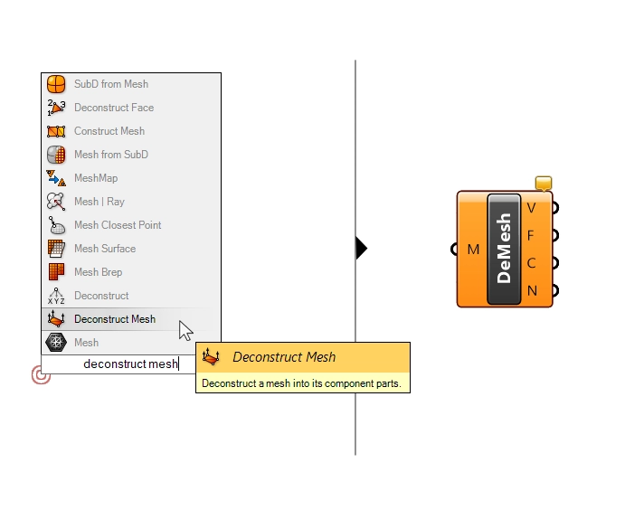 Adding the Deconstruct Mesh component in Grasshopper