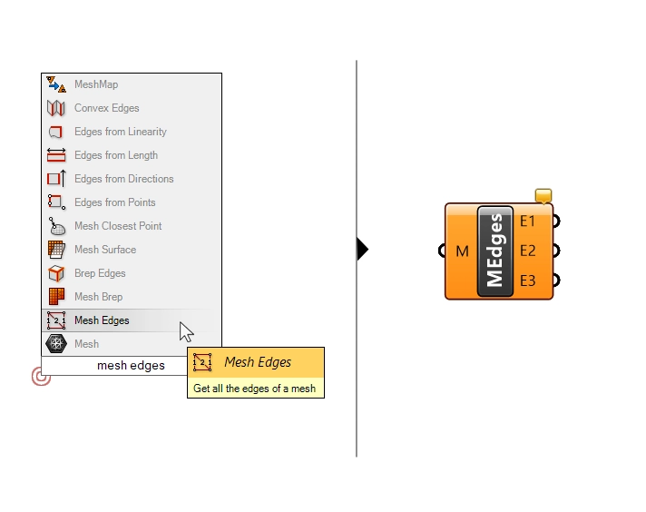 Adding the Mesh Edges component in Grasshopper