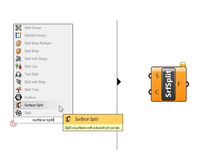 Adding the Surface Split component in Grasshopper