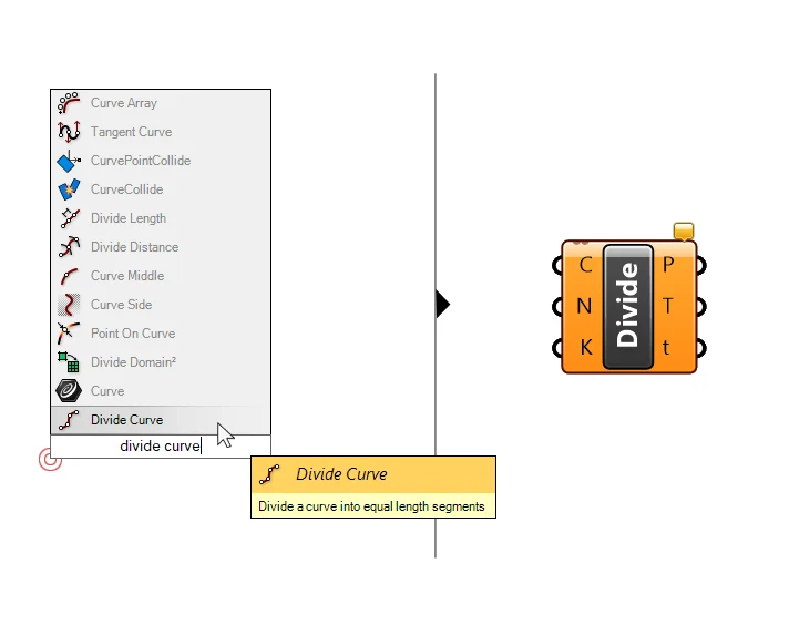 Adding a Divide Curve component in grasshopper