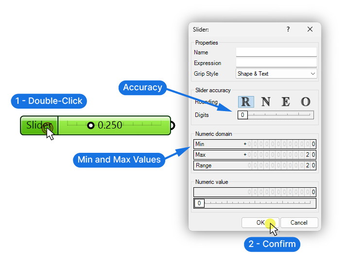 Adjusting the number slider value and range