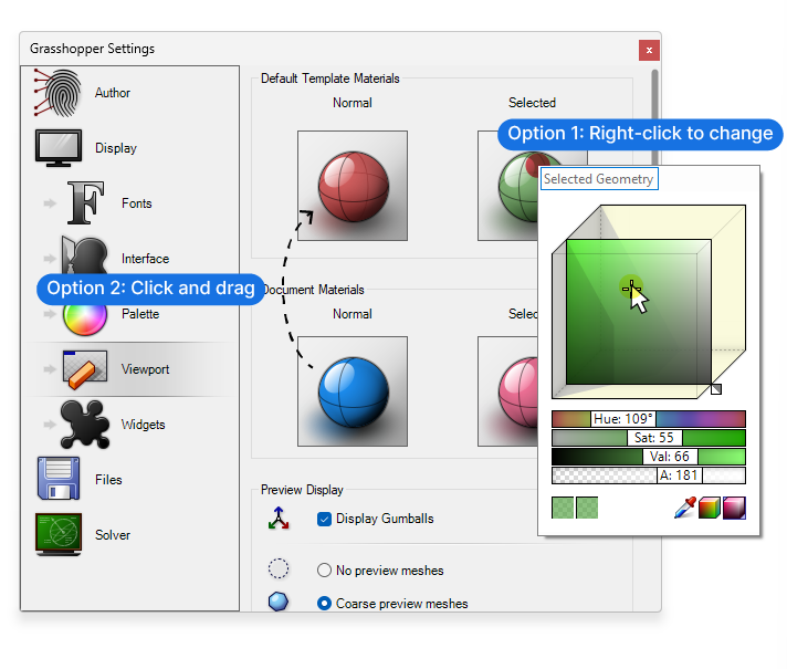 Changing the default preview colors in the Grasshopper settings