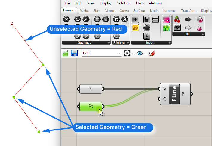 Preview of selected and deselected objects in Grasshopper