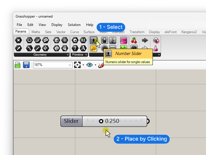 Adding the Number Slider through the Component Tabs in Grasshopper