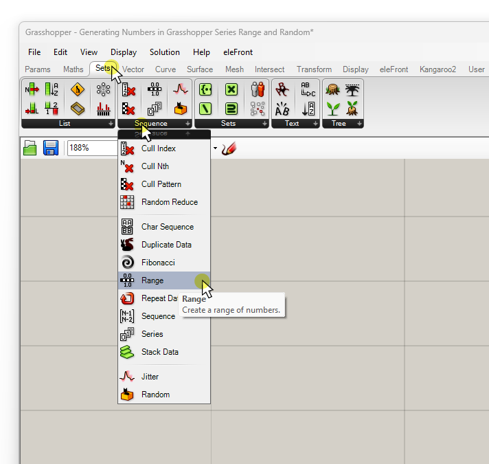 Adding the Range Component from the component tabs in Grasshopper