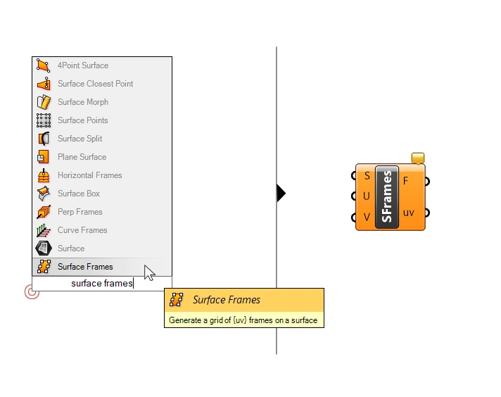 Adding the Surface Frames component in Grasshopper