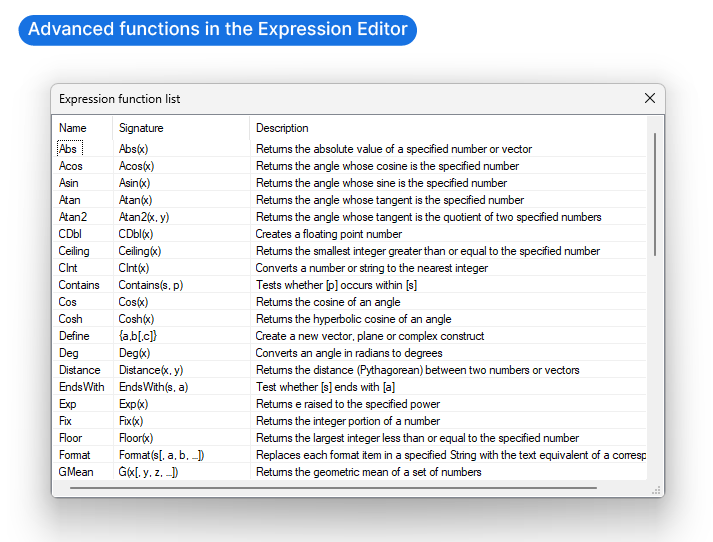 advanced functions in the expression editor