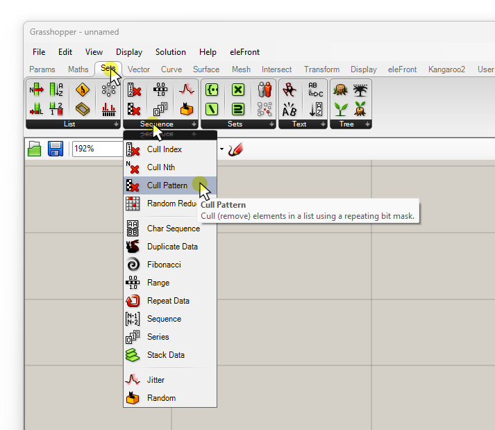 Adding the Cull Pattern component from the component tabs in Grasshopper