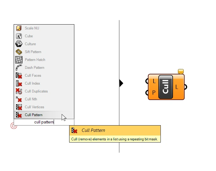 Adding the Cull Pattern component with the component search bar