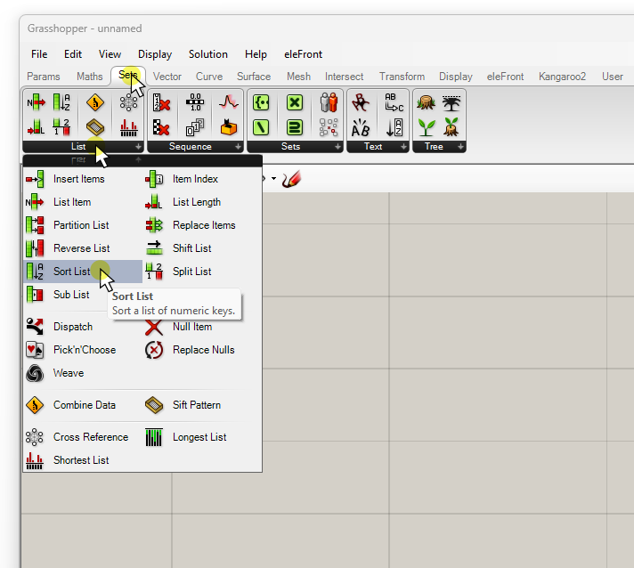 Adding the Sort List component in Grasshopper