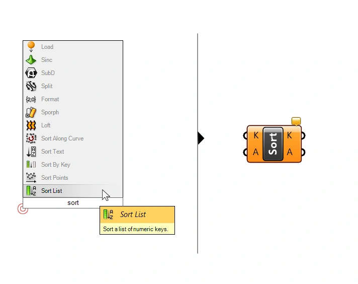 Adding the Sort List component via the component search bar in Grasshopper