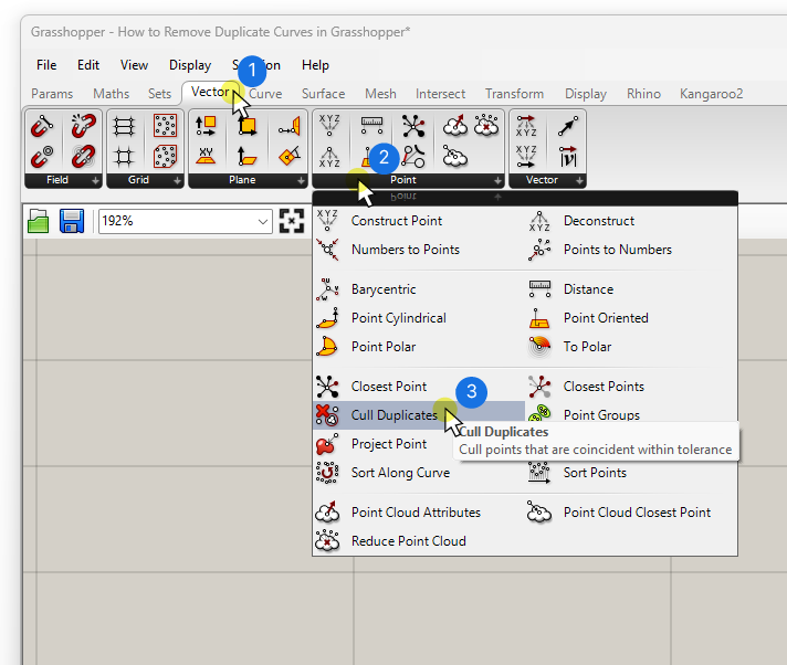 Adding the Cull Duplicates component in Grasshopper