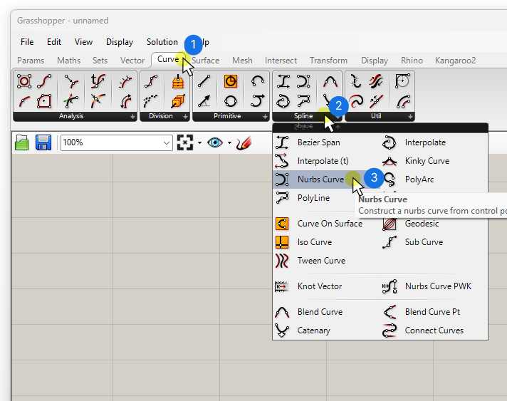 Adding the NURBS Curve Component in Grasshopper