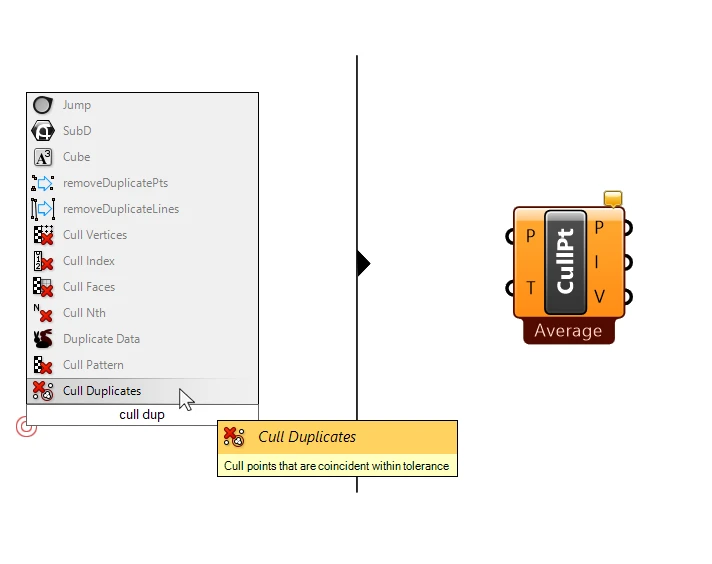 Quick-Adding the Cull Duplicates component in Grasshopper