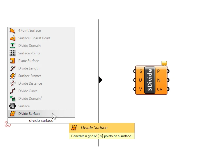 Adding the Divide Surface Component in Grasshopper