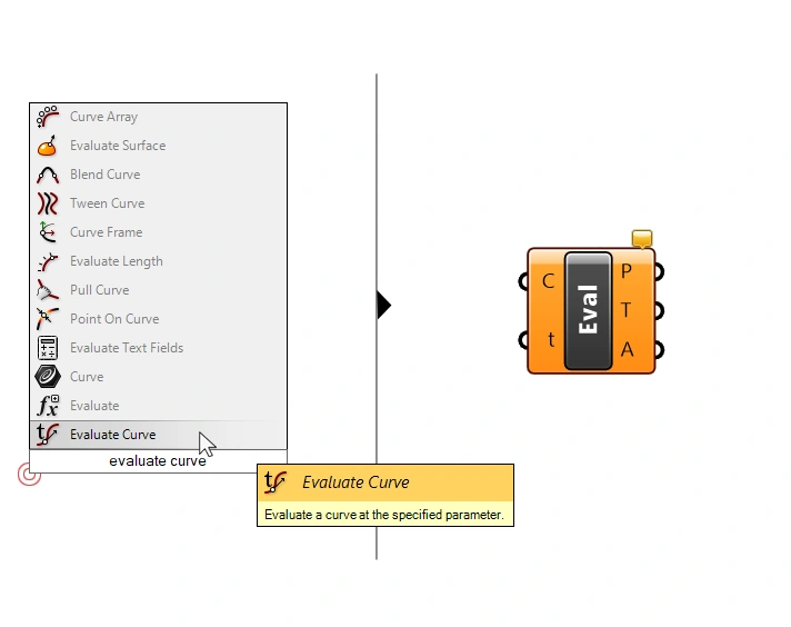 Adding the Evaluate Curve component in Grasshopper