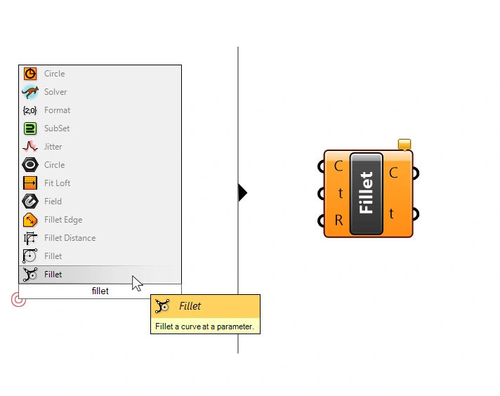 Adding the Fillet by Curve Parameter Component in Grasshopper