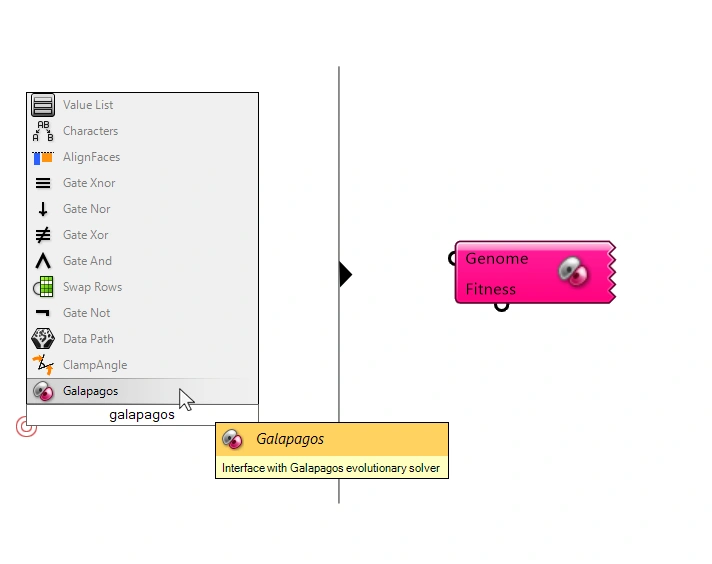 Adding the Galapagos component in Grasshopper with the Search Bar