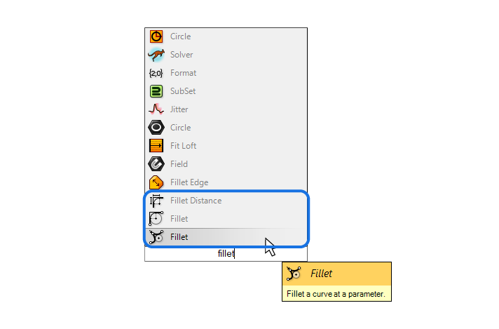 The three fillet components in Grasshopper