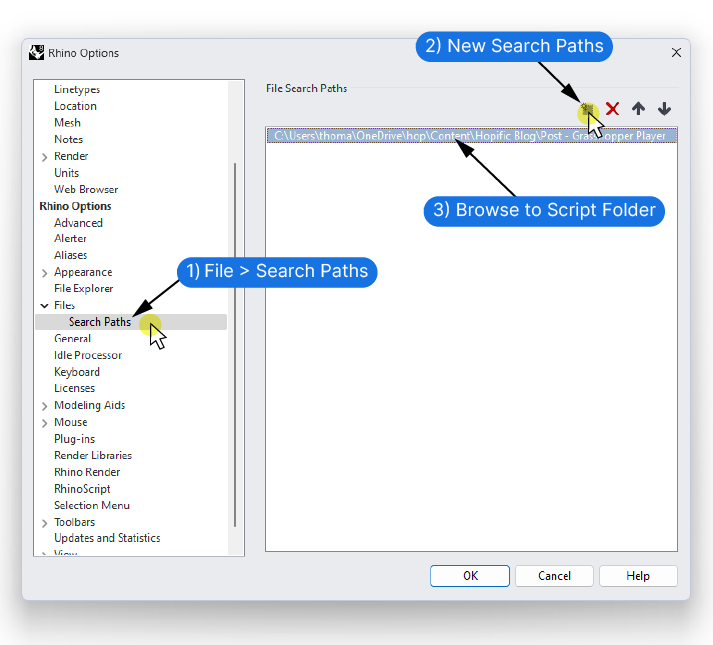 Adding a new file search path in Rhino