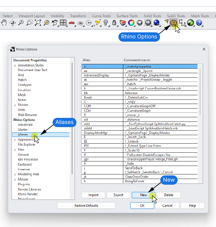 Creating a new alias in Rhino