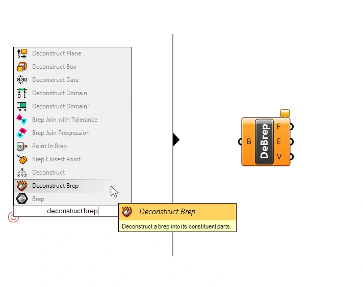 Adding the Deconstruct Brep component in Grasshopper  quick search