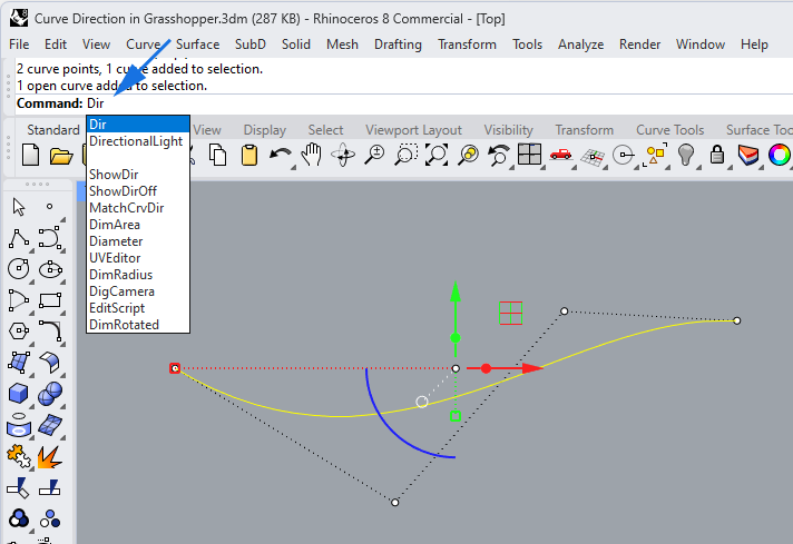 Dir command in Rhino to Check Curve Directions