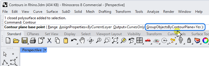 Activating the GroupObjectsByContourPlane option