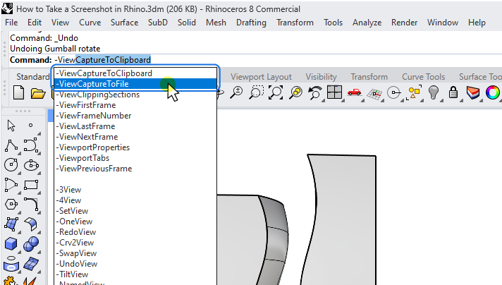 Commands for taking a screenshot in Rhino