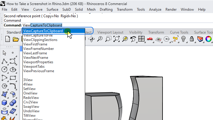 Running the ViewCaptureToClipboard command in Rhino