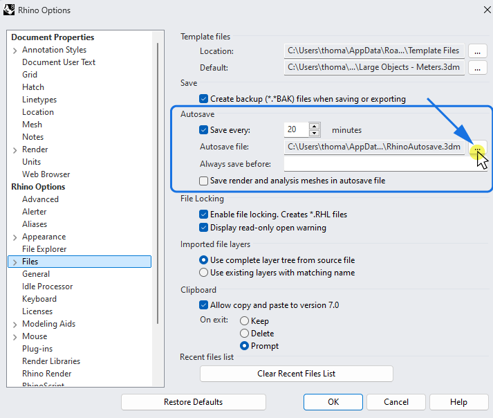 The Autosave Options in Rhino