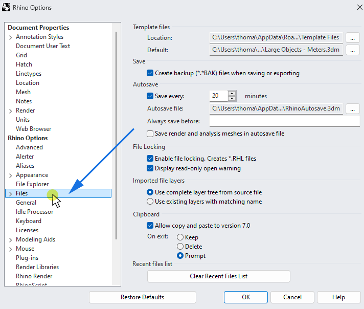 The File tab in the Rhino Options