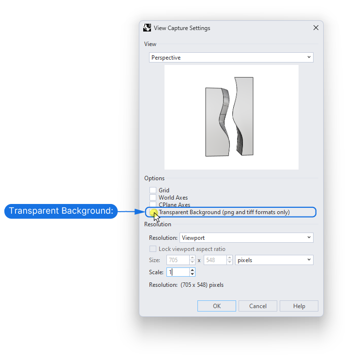 The ViewCapture Settings Window in Rhino Transparency