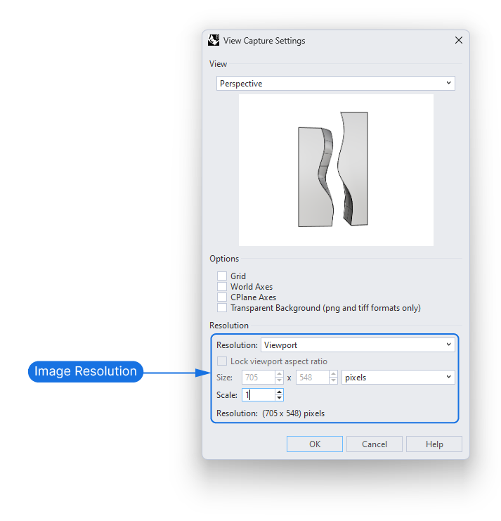 The ViewCapture Settings Window in Rhino 3