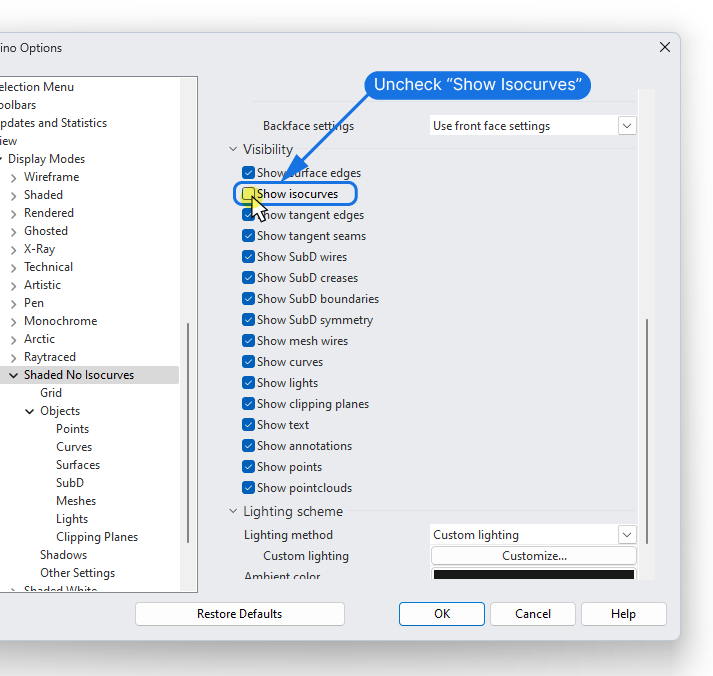 Turning off Isocurves in the Display Mode Properties