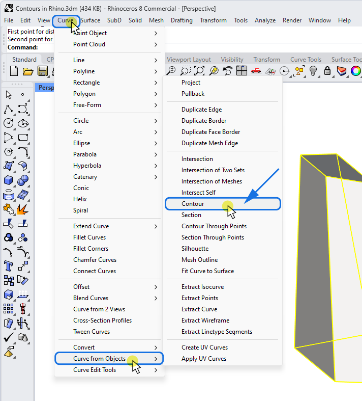 Where to find the contour command in Rhino